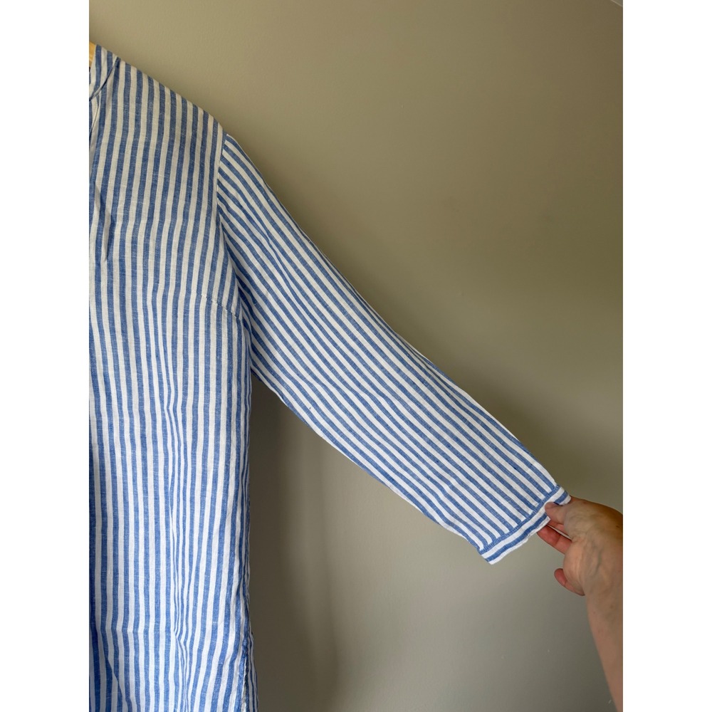 L.L. Bean Linen Tunic Blouse M Blue White Striped Split V-Neck 504808 - Picture 3 of 11